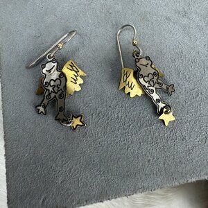Frog w/ Angel Wings Dangle & Drop Pierced Earrings Two Tone